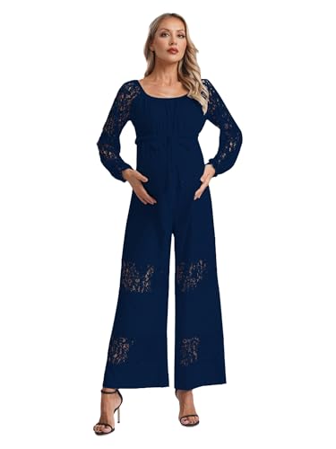 Choomomo Mono de maternidad para mujer embarazada, elegante, de encaje, festivo, largo, pierna ancha, pantalones elegantes, mono, fiesta, boda, traje de pantalón, azul oscuro, L