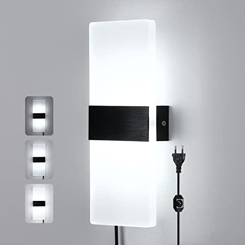 Glighone Applique Murale Interieur Dimmable 12W Lampe Murale LED Lumiere Murale Moderne Up Down Lumière Noire Acrylique Éclairage avec Interrupteur et Prise pour Salon Chambre Couloir, Blanc Froid Cover