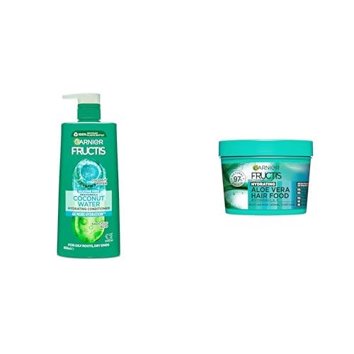 Garnier Fructis Coconut Water Conditioner for Oily Roots Dry Ends 850ml & Garnier Fructis, 3-in-1 Hair Mask, Hydrating & Increases Shine, Hair Food Aloe Vera, 390ml