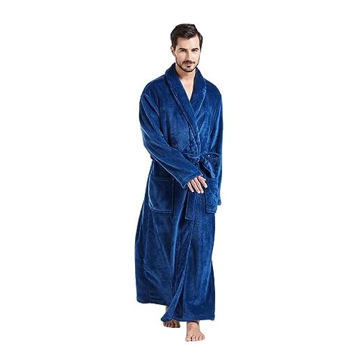 FashGudim Masculino Roupões Grandes e Altos, Comprimento Total, Lã de Pelúcia, Roupão Longo para Homens, Roupão de Banho com Gola Xale, Roupões de Casa de Inverno Quente (Marinho, Xxl)