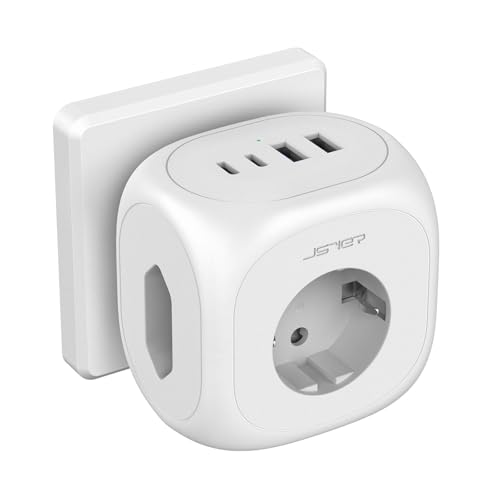 JSVER Regleta 7 en 1 con 2 Puertos USB A y 2 Puertos USB C, Cargador de Pared, Cargador Schuko, Adaptador de Enchufe para Escritorio con Interruptor-Blanco