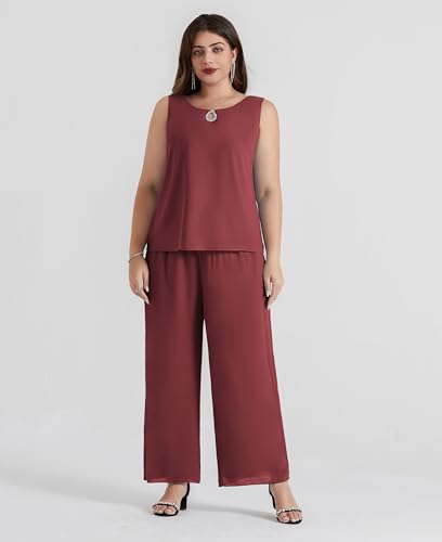 Hanna Nikole Damen Hosenanzug Abendanzug Sets Chiffon Damen Set Elegant Hosenanzug Bluse + Weites Bein Hose Sommer Herbst Outfit Casual Jujuberot 50