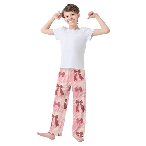 Bow on Plaid Boys Pants Boys Athletic Pants Long Pant for Boywith Pockets Wide-Leg Size 6-14Y3