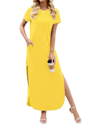 Image of Heymoments Womens Summer Maxi Dress Short Sleeve Casual Loose Long T Shirt Split Vacation Beach Sundress with Pockets