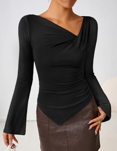 ZESICA Women's Long Bell Sleeve Shirts 2025 Fall Going Out Asymmetrical Crop Tops Slim Fit Ribbed Ruched Y2K Clothes2