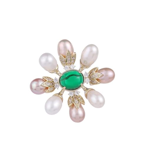 Image of 14K Gold Handcrafted Emerald Brooch with Moissanite and Freshwater Pearls - Vintage Style Floral Corsage, Fashion Coat Accessory Gift