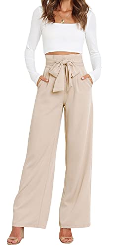 CHARTOU Women Casual Paper Bag Pants Elastic High Waist Wide Leg Pants Palazzo Work Belt
