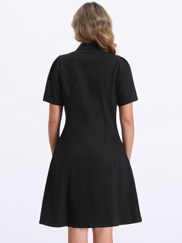 Image of Allegra K Denim Dress for Women's Puff Sleeve Button Down Collared Jean A-Line Dress