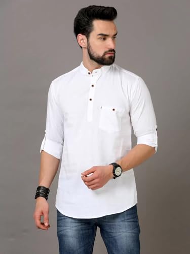Image of DEEMOON Men's Cotton Blend Full Sleeve Short Kurta with Mandarin Collar Crafted from a Premium Cotton Blend