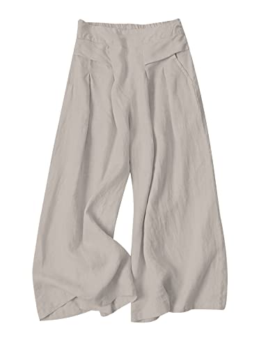 Image of Gihuo Culottes for Women Linen Wide Leg Gauchos Capri Palazzo Pants | Cotton Linen Pants,Flowy Pants,Women's Culottes,Cropped Pants,Elastic Waist Trousers with Pockets