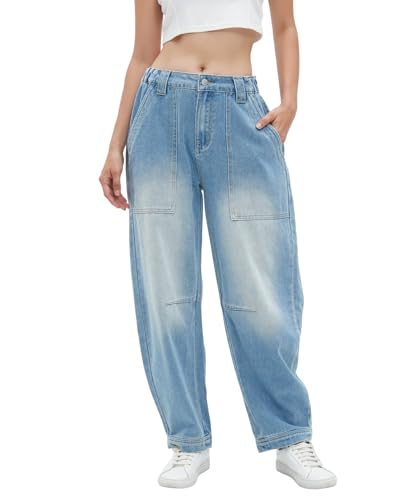 Womens Barrel Jeans High Elastic Waisted Wide Leg Boyfriend Baggy Loose Ankle Denim Pants with Pockets2
