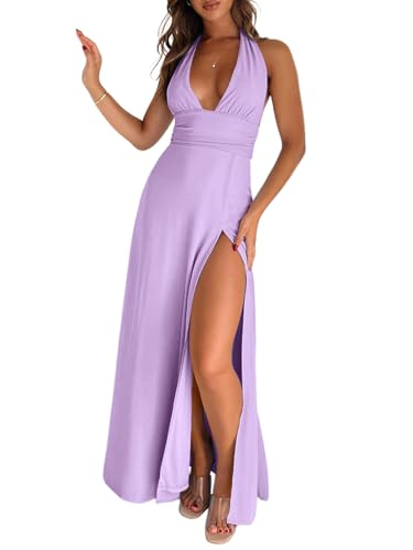 Image of Ekaliy Womens Sexy Halter Deep V Neck Maxi Dress Sleeveless Backless Split Long Dress