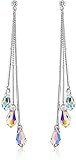 Savlano 14k White Gold Plated Aurora Borealis Drop Tear Cut Austrian Rainbow Multicolor Crystal Tear Drop Cut Stud Dangle Earrings For Women & Girls
