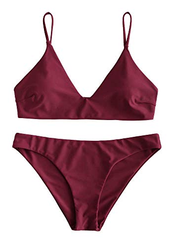 ZAFUL Gepolsterte Bikini Set, Push Up Badeanzug mit tropischem Blattmuster Hoher Bund Spaghettiträger Bademode Sommer (Einfarbig - Weinrot, S)