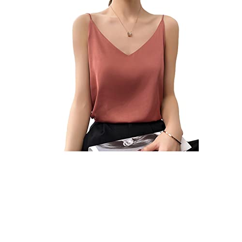 Listado de Ropa Blusas Top 10. 44 WLONK Top básico de Tirantes con Cuello en V de Seda de Verano 2023, Blusa de Camisola con Espalda Cruzada y Tirantes Finos para Mujer (Medium,Brick Red)
