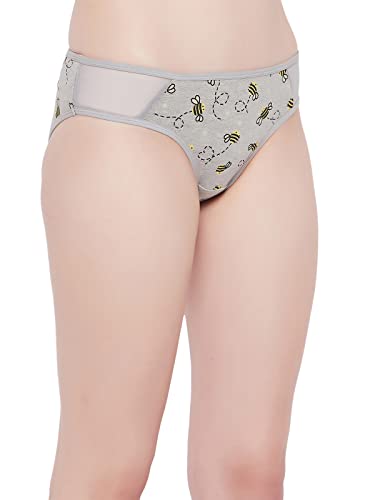Image of Clovia Women's Cotton Low Waist Bee Print Bikini Panty with Powernet Panels in Grey