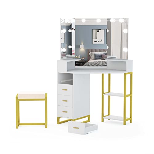 Pakasept Corner Vanity Set With Three-Fold Mirror & Light Bulbs, Makeup Desk With 4 Storage Drawers For Women, Desk Vanity Set For Small Spaces, Bedroom #TOP5