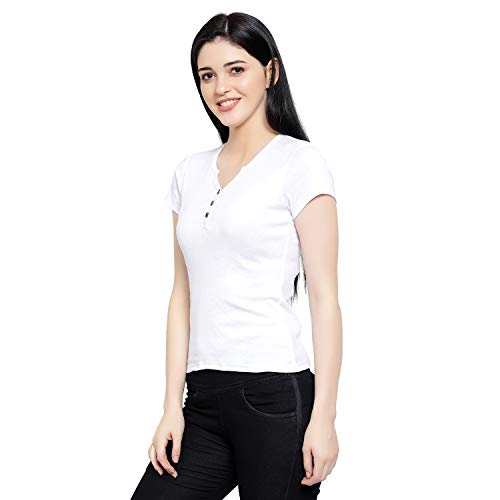 Image of Women Solid Slim Fit Henley V-Neck Button Front Short Sleeve Casual Cotton Top