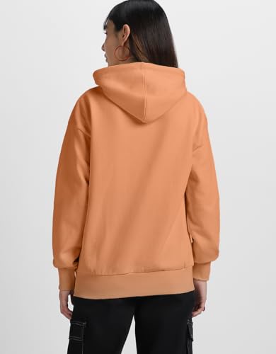 Image of JUNEBERRY Fleece Oversized Baggy Fit Hooded Sweatshirt Drop Shoulder Typographic Logo Printed Full Sleeve Hoodie for Women (Availabe Colors: Copper Tan, Rust & Red)