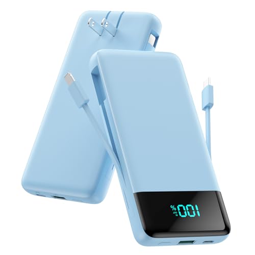 Image of Portable Charger for iPhone,13800mAh Slim Power Bank with Built-in Cables & AC Wall Plug,All in One 4 Outputs USB C Fast Charging Battery Pack Travel Essential for iPhone 17 /16 /15 /14,Android(Sky Blue)