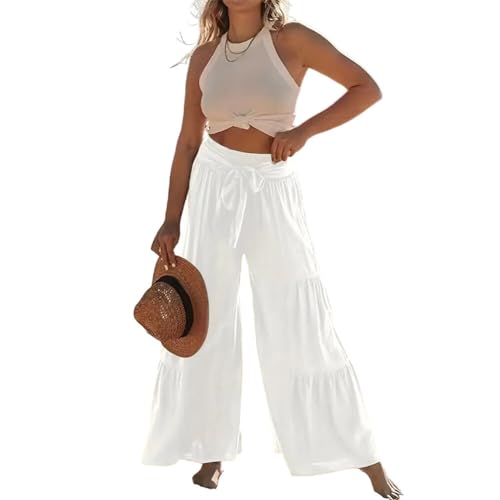 Women’s Solid Color Wide Leg Pants with Pockets Summer Long Pants 2024 Outdoor Loose Fit Pants (White L)