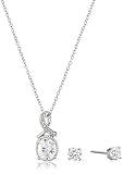 Sterling Silver Cubic Zirconia Oval Pendant Necklace and Earrings Boxed Jewelry Set