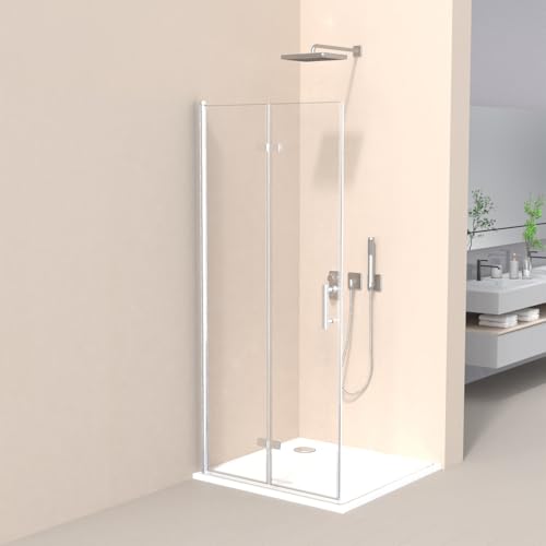 LEMMO Duschabtrennung Klappbare Duschwand 70-120x185cm Glas Klapptür ohne Rahmen 6 mm dickes Nano Sicherheitsglas mit Befestiger (Transparentglas, 80x185)