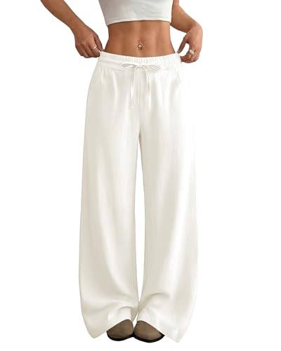 Image of SEMARO Womens Casual Linen Wide Leg Pants Flowy Drawstring High Waist Palazzo Beach Vacation Trousers