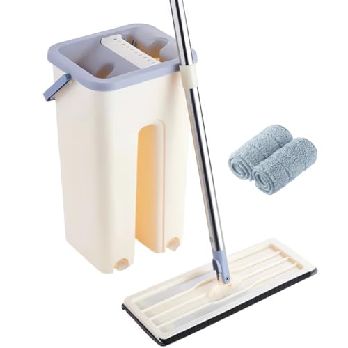 Cubo Mopa Fregona Plana Doble Compartimento con Drenaje Escurrefácil para Limpieza Suelos Azulejos Madera Mango Ergonómico Atrapa Polvo Ventanas Mop Trapeador 2 Almohadillas Reutilizables