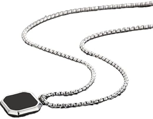 Stainless Steel Octagonal Black Onyx Pendant Necklace for Men, Silver Chain, Minimal Fashion Jewelry