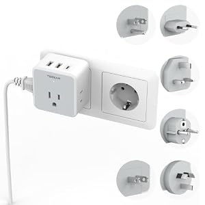 TESSAN Universal Travel Adapter Kit, 6-in-1 International Power Adapter with 3 USB (1 USB C) and 3 AC Outlets, Wordwide Adaptor Supports Type C, G, E/F, I, A, B for US EU UK Australia Japan, Grey
