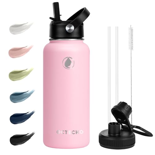 OcTecho Metal Water Bottle with Straw, 950ml Stainless Steel Water Bottle 2 Leakproof Lids, BPA Free Double Walled Vacuum Insulated Water Bottles Thermal for 12h Hot & 24h Cold,for Man,Woman-Pink