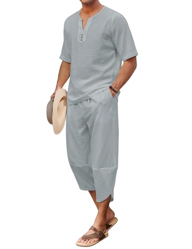 COOFANDY Men's 2 Pieces Linen Set Henley Shirt Short Sleeve and Harem Capri Pants Wide Leg Baggy Beach Yoga Trousers Outfits