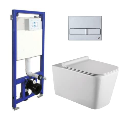 Pack Inodoro Suspendido con Cisterna Empotrada con Pulsador Cromo | Wc Inodoro Suspendido Cuadrado Rimless Sin Bridas de Fondo Reducido y Asiento Extrafino con Caída Amortiguada + Cisterna + Pulsador