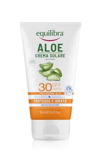 equilibra Solari, Aloe Crema Solare SPF 30, a Base di Aloe Vera, Vitamina C ed E, Olio di Argan, Olio di Cocco e Burro di Karité, Assicura un'Abbronzatura Sana e Naturale, Water Resistant, 150 ml