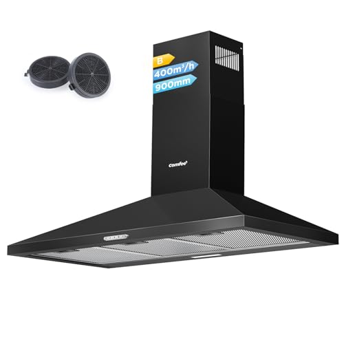 COMFEE' Cappa Aspirante 90 cm PYRA17B-90 Nera Cappa Cucina con LED, Sistema di Ricircolo e Canalizzazione e Filtri a Carbone
