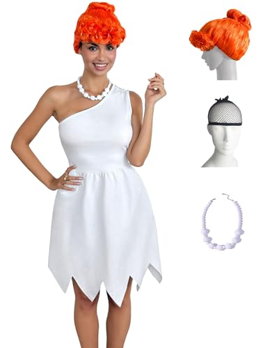 Laqeyko Women White One-Shoulder Sleeveless Dress for Cavewoman Costume, with Orange Wig & Imitation Pearl Necklace, Large LA257-L