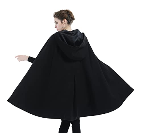 Sufcomou Cape Coat Women Hooded Poncho Cloak Vintage Plus Size Outwear Open Front Jacket Wool Blend Trench Coat Winter Button Front Split Sleeve Casual Top Baggy Solid Warm Loose Clothes Black #TOP3