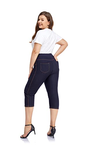 ELISS Women's Plus Size Jean Look Jeggings Stretch High Waisted Denim Skinny Pull-on Capri Pants with Pockets (1X-4X)4