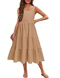 Arshiner Girls Summer Dress Boho Spaghetti Strap Square Neck Solid A Line Beach Long Dress with Pockets Camel 9-10 Years