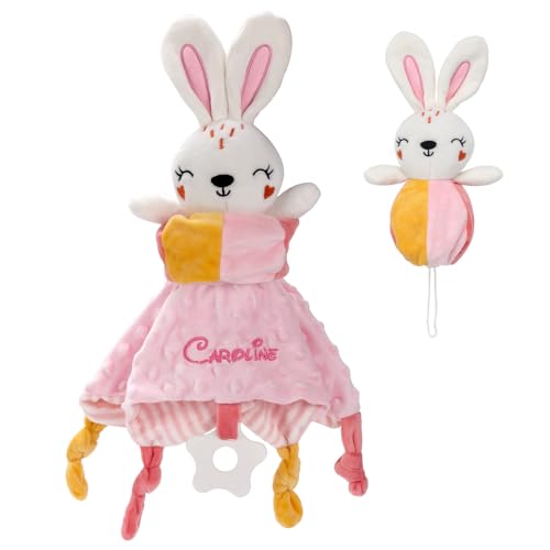 SIMYJOY Serviette de Bébé Jouets Doudou Personnalisé DIY avec Prenom, Balle à saisir, Couverture De Sécurité Personnalisé pour Bébé, Cadeau Fille Garçon Lapin Rose