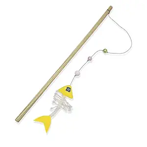 Pawsindia Cat Teaser Toy with a Sturdy Wooden Stick and a Durable Rope Attached to a Soft Plush Toy|Cat Teaser Wand|Fish|Yellow