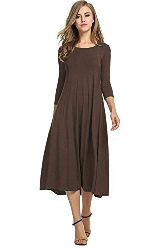 Colop Womens Ladies Plain Jersey Swing Dress Casual Long Sleeve Midi Dress Skater UK Size (Brown, 16-18)