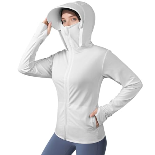AUYAO Sudadera UV de Verano Protección Solar UPF 50+, Cremallera Anti-UV Sudadera con Capucha Con Ala Protección Solar, Chaqueta Ligera Protección Solar con Capucha, Blanco-M