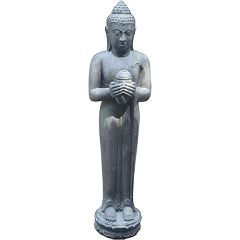 korb.outlet Große Buddha-Figur mit Lotus-Gefäß Steinguss/stehender Steinbuddha 150cm Cover