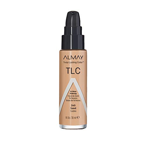 Almay Liquid Foundation, Truly Lasting Color, Long Wearing Natural Finish, Vitamin E and Lemon Extract, Hypoallergenic, Cruelty-Free, Dermatologist Tested, 260 Sand, 1 fl oz