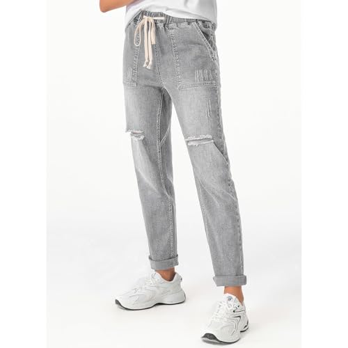fanmpghleoo Straight Leg Jeans for Women Drawstring Elastic Waist Jeans Baggy Pull On High Waisted Denim Joggers with Pockets4