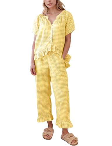 Flygo Womens Plaid 2 Piece Pajamas Sets Gingham Button Down Puff Sleeve Babydoll Shirt Ruffle Pants Y2K Pjs Lounge Set