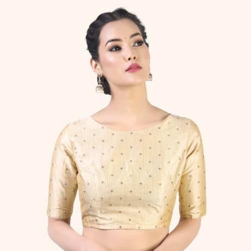 Image of Studio Shringaar Women Cotton Silk Silky Brocade Readymade Elbow Length Sleeves Saree Blouse Choli