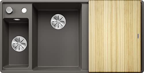 BLANCO AXIA III 6 S-F | Granitspüle aus SILGRANIT vulkangrau | Einbauart: Flächenbündig | Hauptbecken links | mit Holzschneidbrett | für 60 cm breite Unterschränke | Reinigungsfreundliche Öberfläche